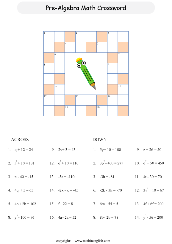 pre algebraic crossword puzzles worksheets for primary math