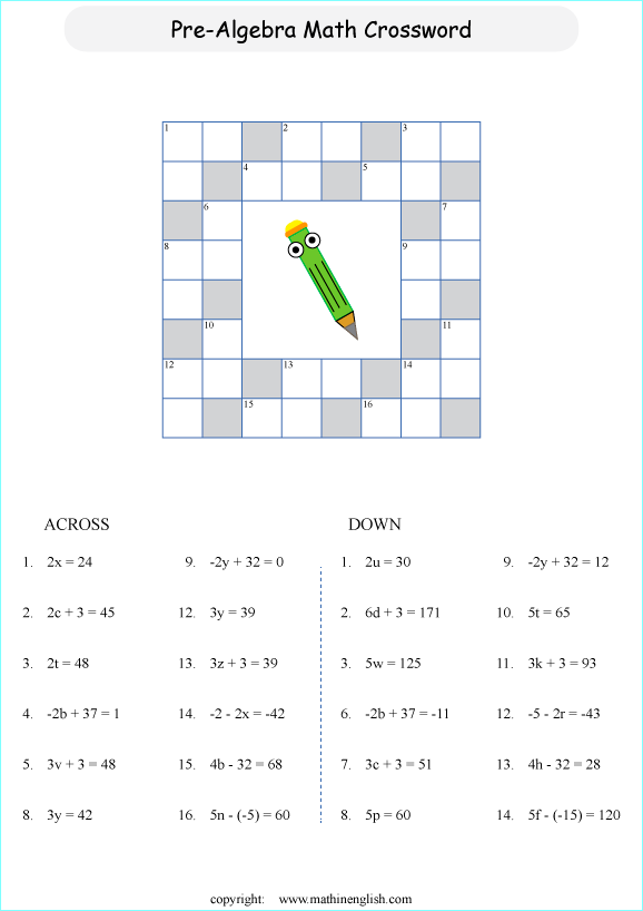 pre algebraic crossword puzzles worksheets for primary math