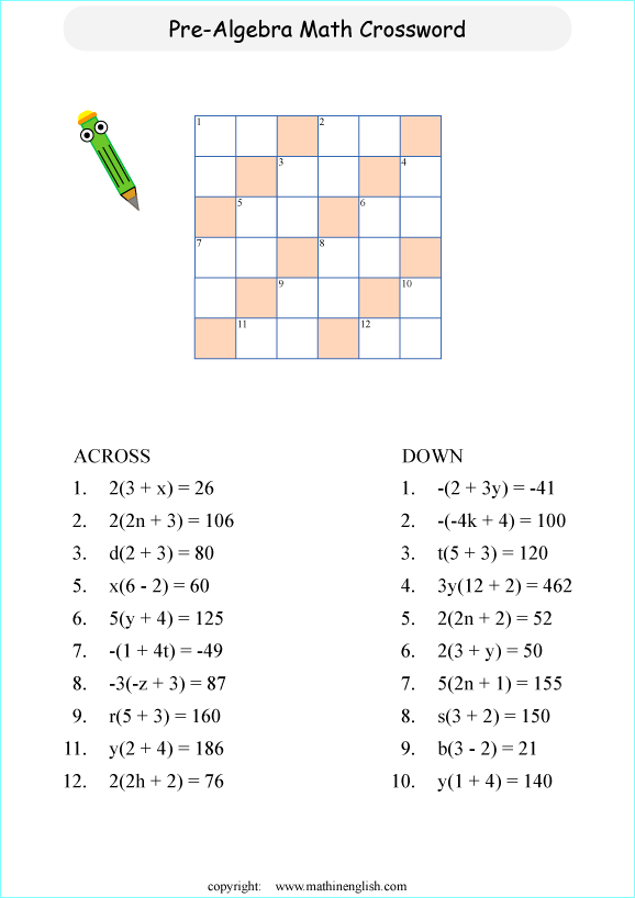 pre algebraic crossword puzzles worksheets for primary math