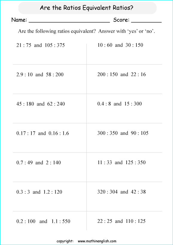 equivalent ratios math worksheets for grade 1 to 6 