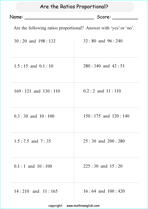 calculating proportions math worksheets for grade 1 to 6 