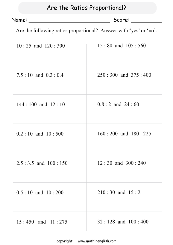 calculating proportions math worksheets for grade 1 to 6 