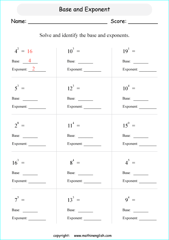 basic exponents math worksheets for grade 1 to 6 