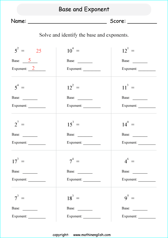 Free Printable Worksheets 6th Grade Math Exponents