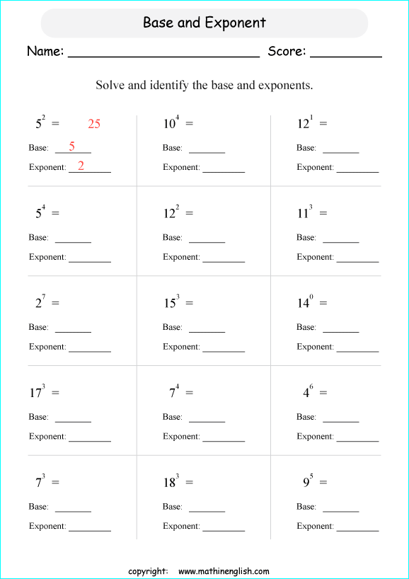 basic exponents math worksheets for grade 1 to 6 