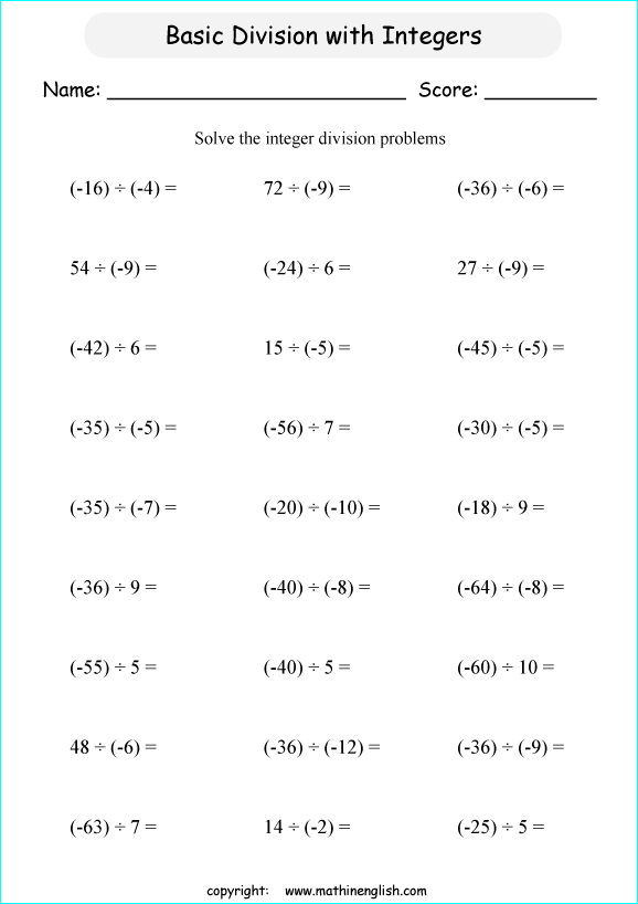 printable math dividing integers worksheets for kids in primary and elementary math class 