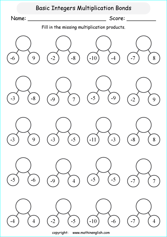 printable math multiplication of integers worksheets for kids in primary and elementary math class 