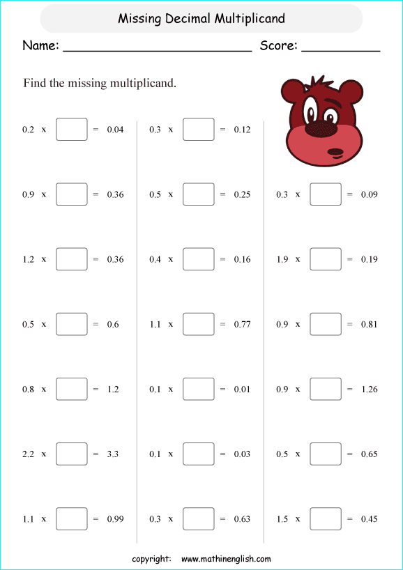 multiplying decimals grade 1 to 6 printable  worksheets 