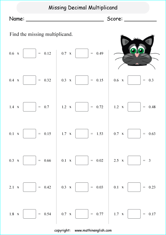 multiplying decimals grade 1 to 6 printable  worksheets 