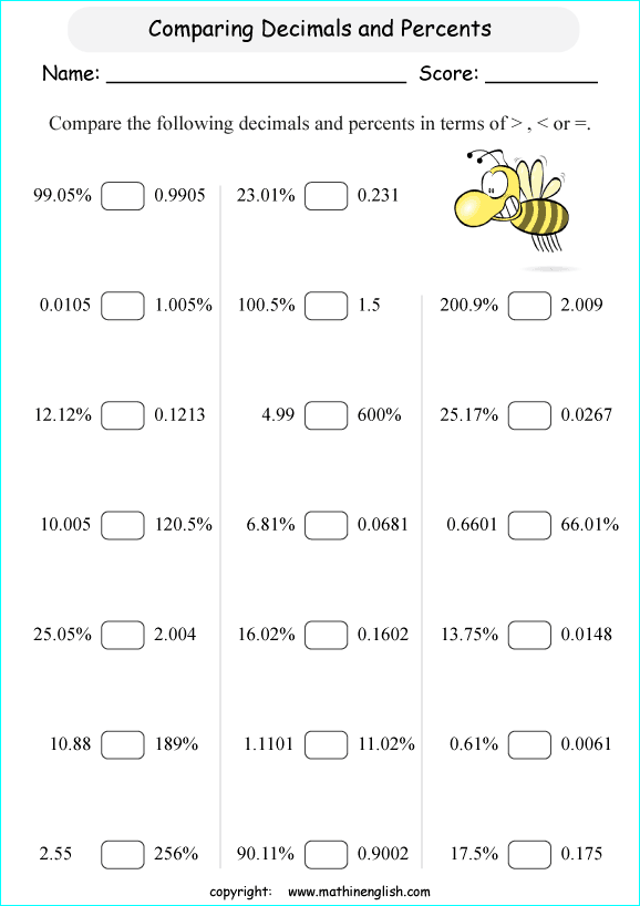 percentage decimals conversion math worksheets for grade 1 to 6 