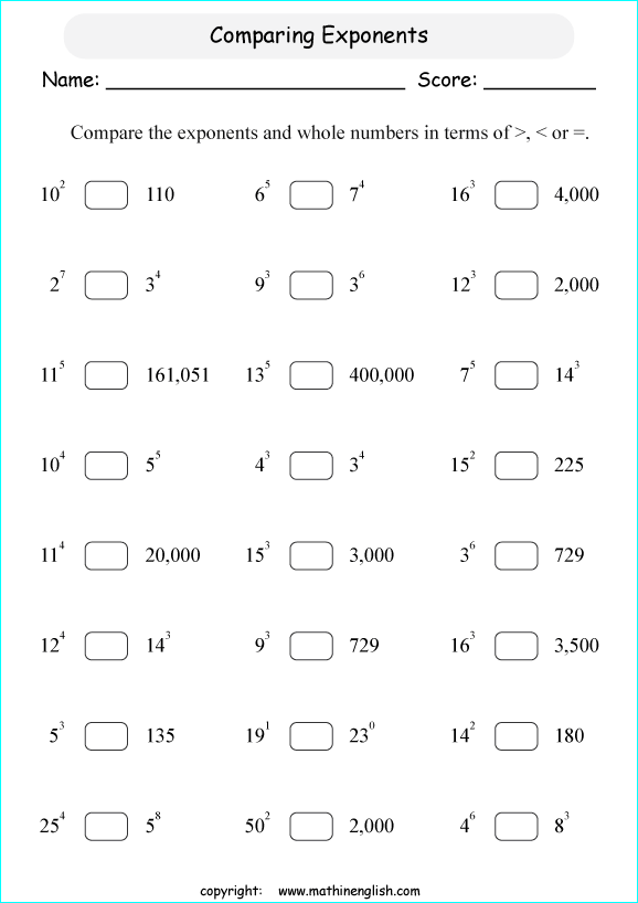 basic exponents math worksheets for grade 1 to 6 