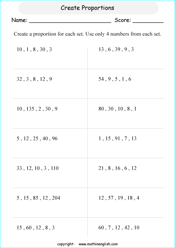 calculating proportions math worksheets for grade 1 to 6 