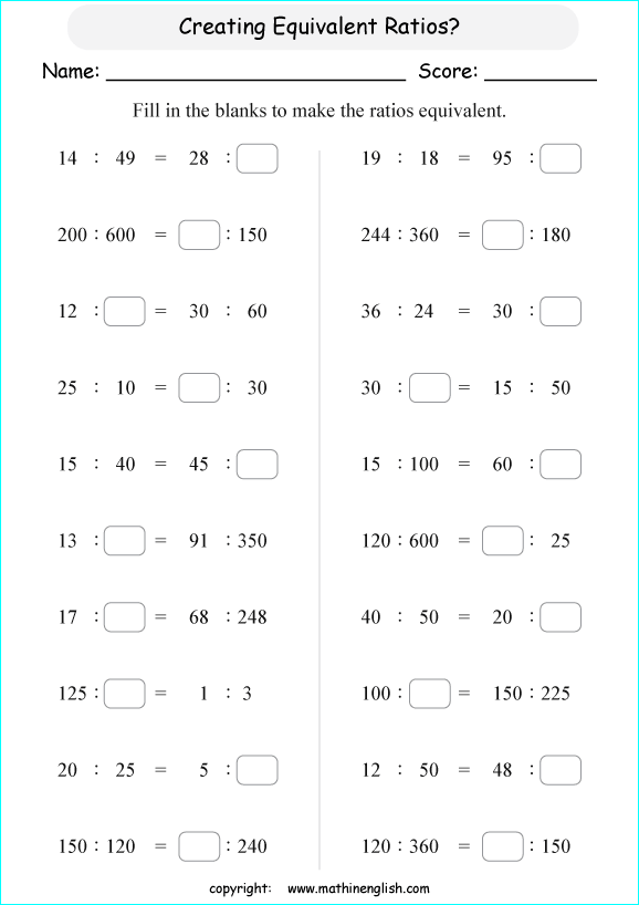 equivalent ratios math worksheets for grade 1 to 6 