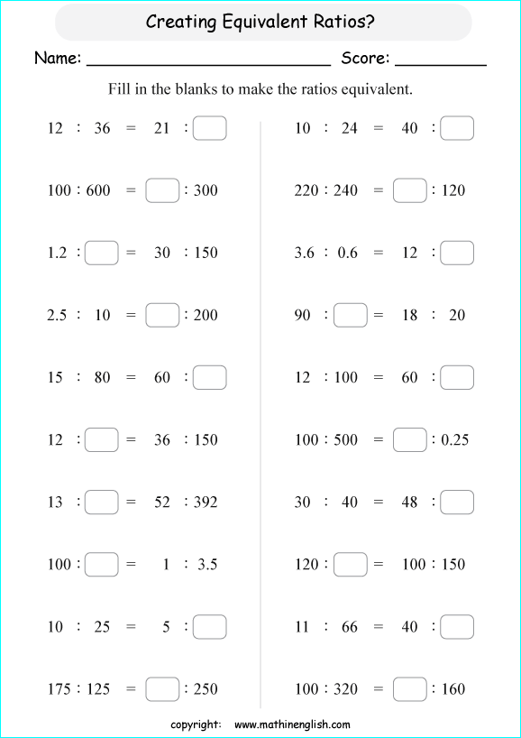 equivalent ratios math worksheets for grade 1 to 6 