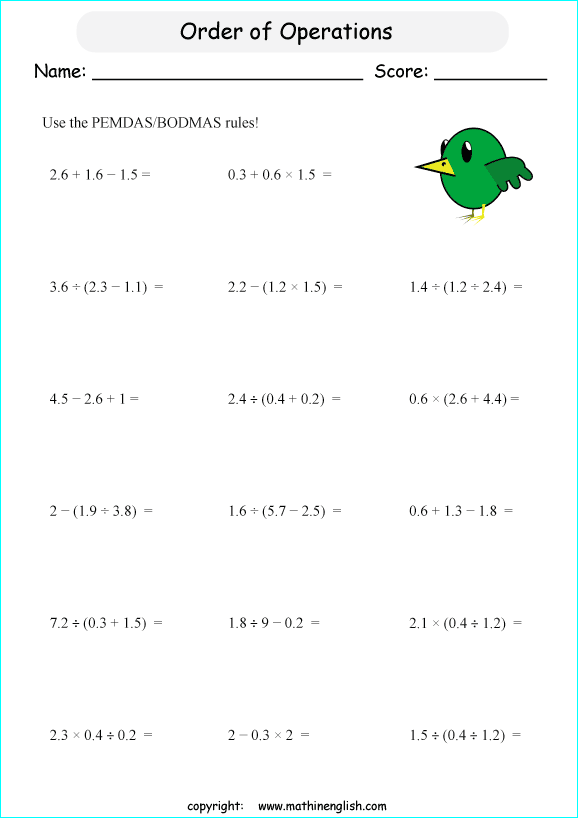 order of operations with fractions worksheets for grade 1 to 6 