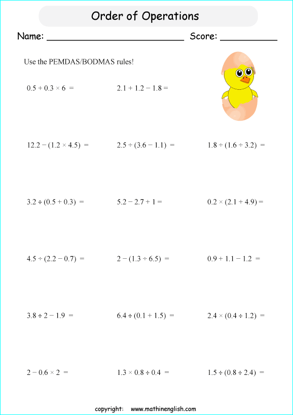 order of operations with fractions worksheets for grade 1 to 6 