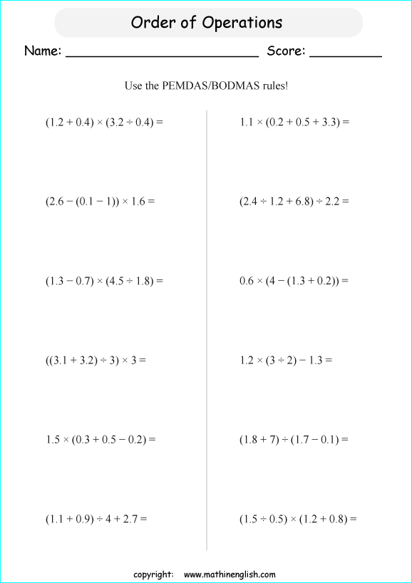 order of operations with fractions worksheets for grade 1 to 6 