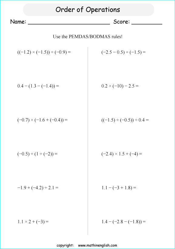 order of operations with fractions worksheets for grade 1 to 6 