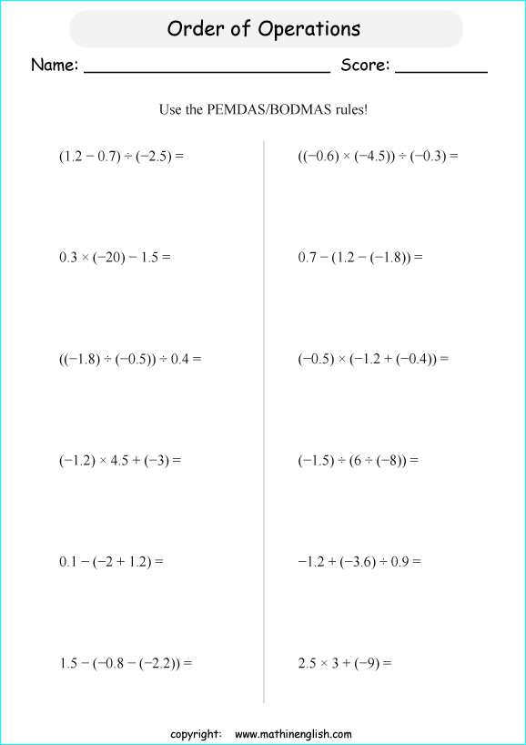 order of operations with fractions worksheets for grade 1 to 6 