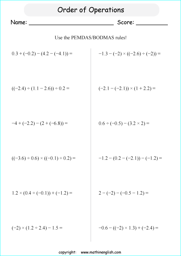 order of operations with fractions worksheets for grade 1 to 6 