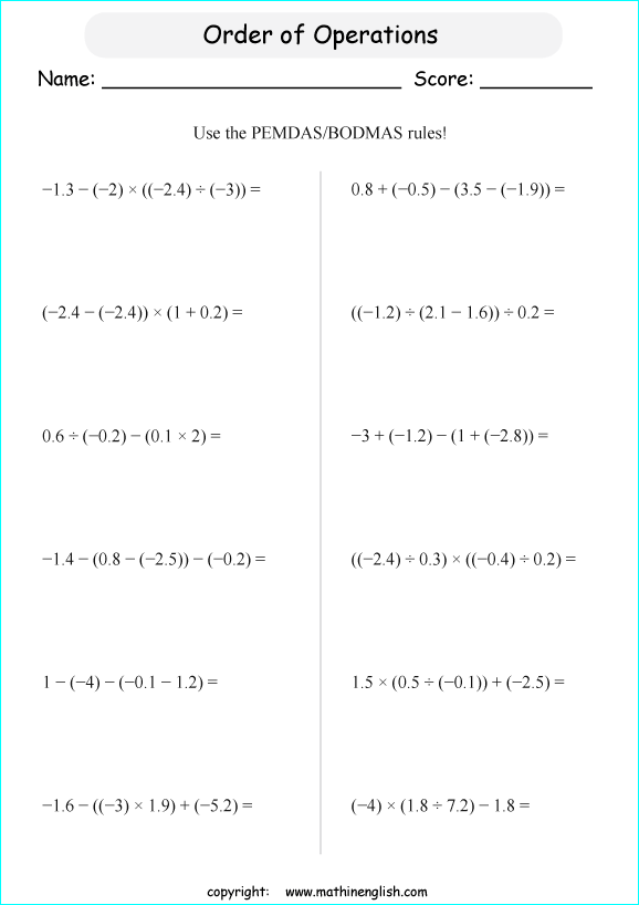 order of operations with fractions worksheets for grade 1 to 6 