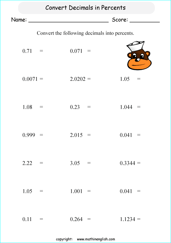 percentage decimals conversion math worksheets for grade 1 to 6 