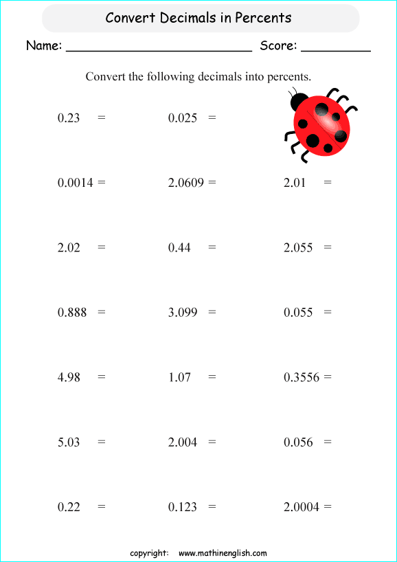 percentage decimals conversion math worksheets for grade 1 to 6 