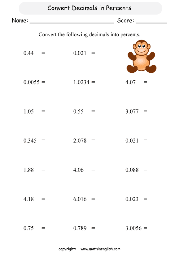 percentage decimals conversion math worksheets for grade 1 to 6 