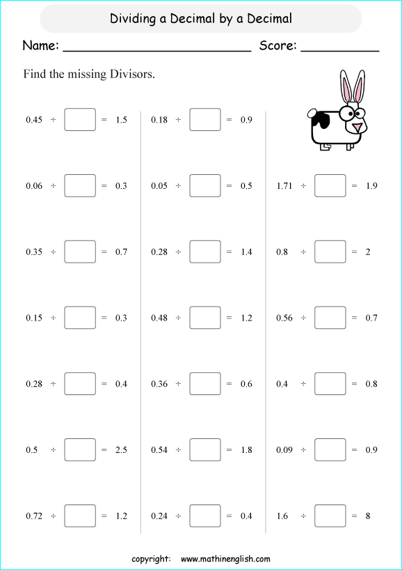 dividing decimals worksheets for grade 1 to 6 