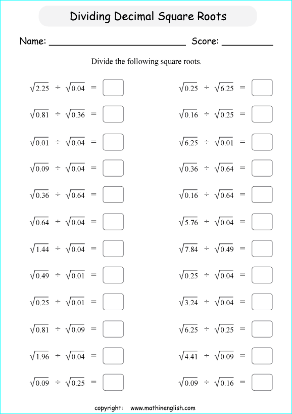 square roots of decimals math worksheets for grade 1 to 6 