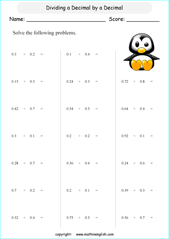 printable math dividing decimals worksheets for kids in primary and elementary math class 