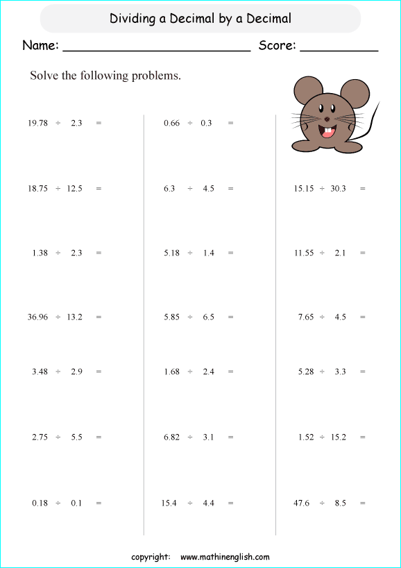 dividing decimals worksheets for grade 1 to 6 