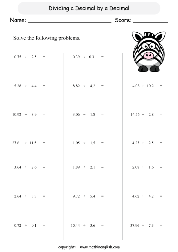 printable math dividing decimals worksheets for kids in primary and elementary math class 