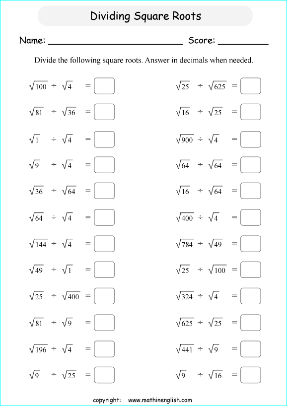 printable dividing square rots worksheets for kids in primary and elementary math class 