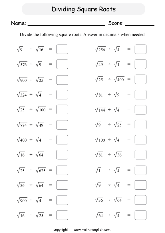 multiplying and dividing square roots math worksheets for grade 1 to 6 