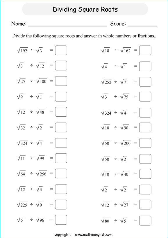 multiplying and dividing square roots math worksheets for grade 1 to 6 