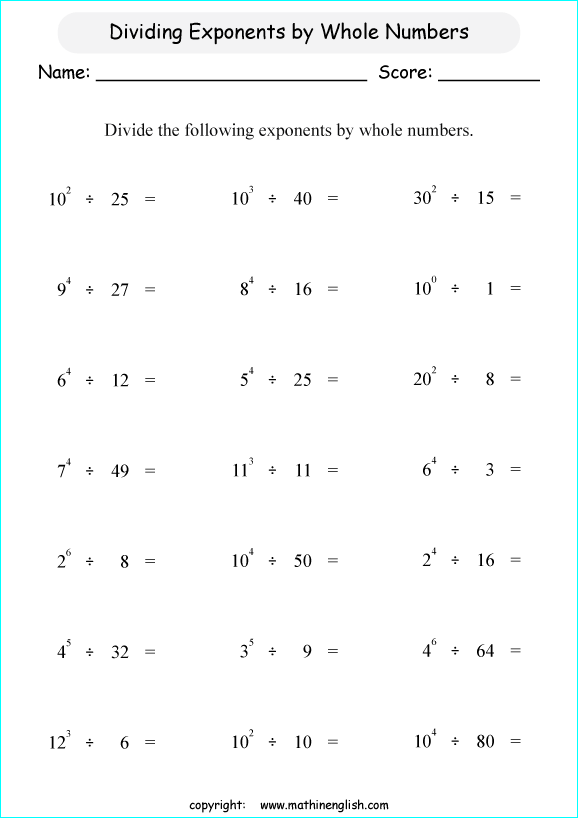 printable math dividing exponents worksheets for kids in primary and elementary math class 