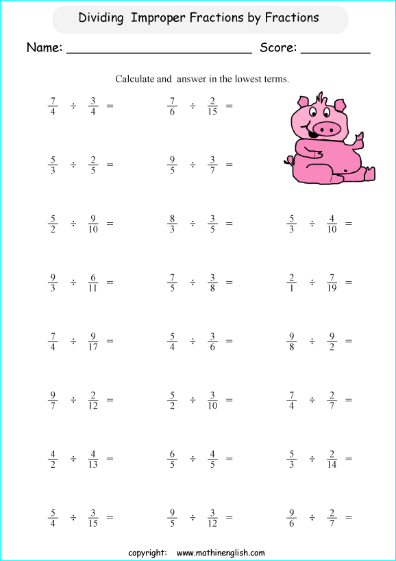 printable dividing fractions worksheets for kids in primary and elementary math class 