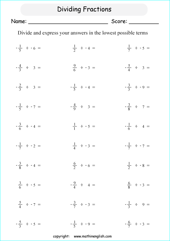 printable math dividing fractions worksheets for kids in primary and elementary math class 