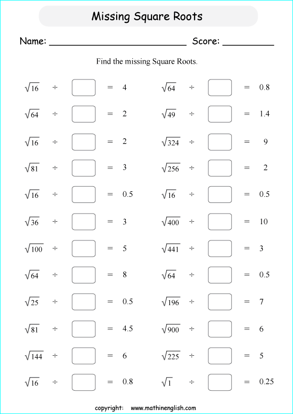 multiplying and dividing square roots math worksheets for grade 1 to 6 