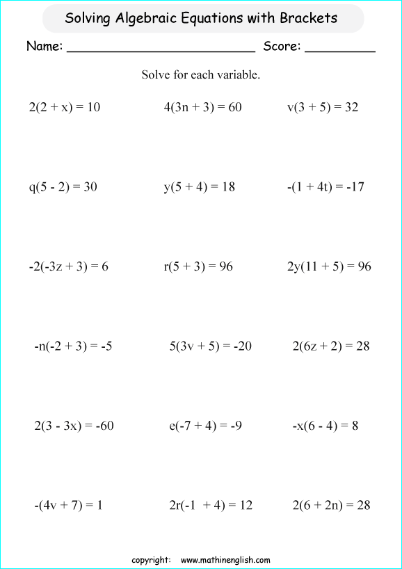 solving algebraic expressions worksheets for primary math