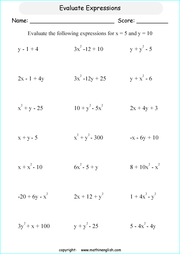 evaluating algebraic expressions worksheets for primary math