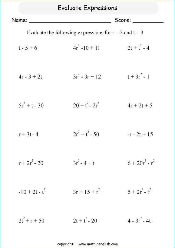 evaluating algebraic expressions worksheets for primary math