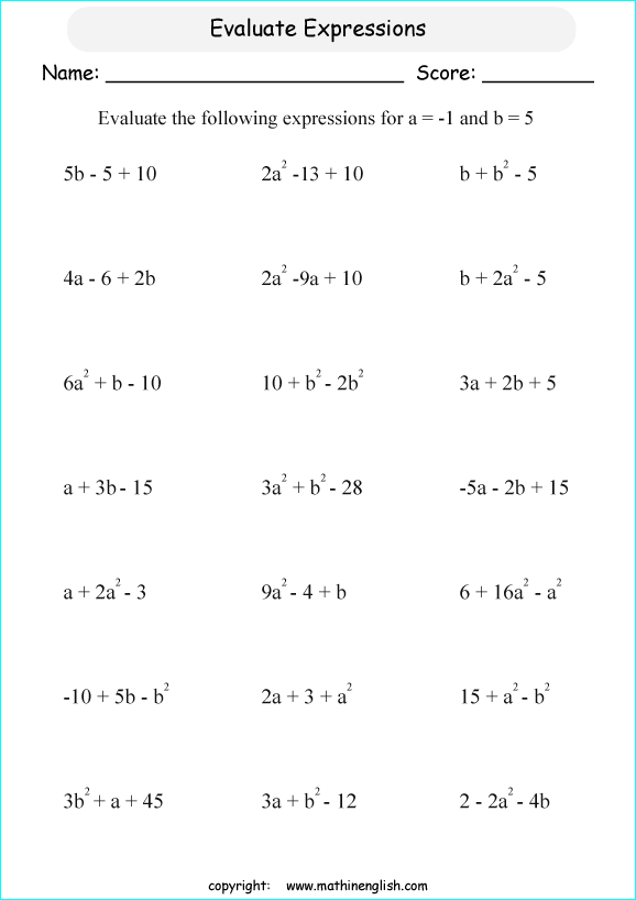 evaluating algebraic expressions worksheets for primary math