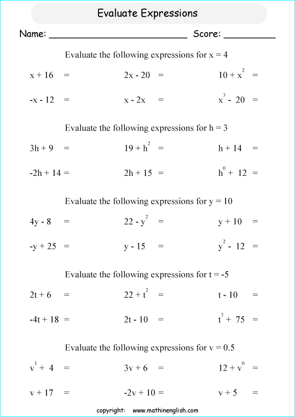 1 algebra worksheets grade 9th values Evaluate these of expressions the the given