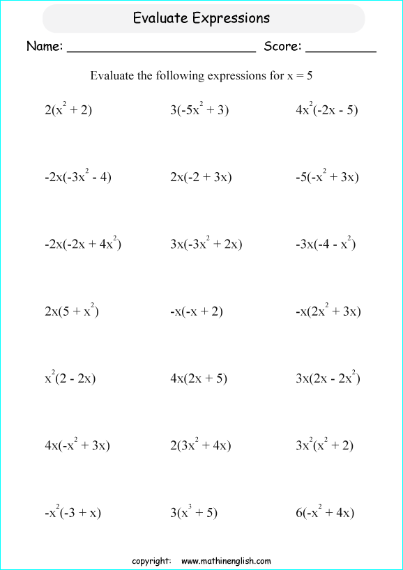 evaluating algebraic expressions worksheets for primary math