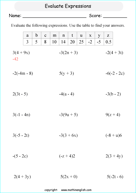 evaluating algebraic expressions worksheets for primary math