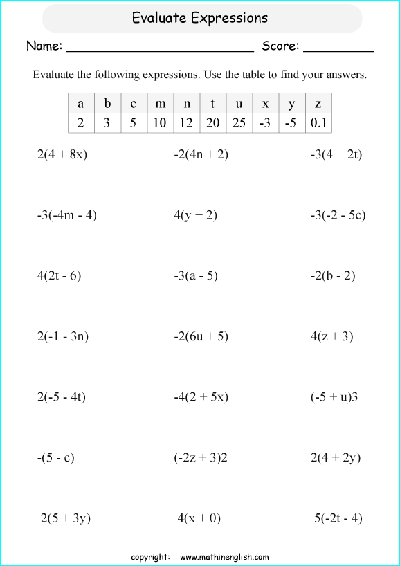 evaluating algebraic expressions worksheets for primary math