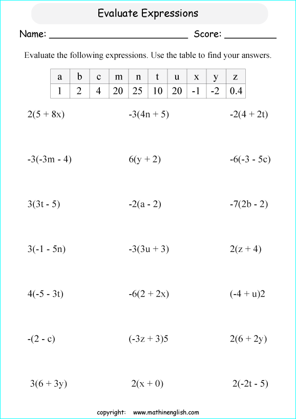 evaluating algebraic expressions worksheets for primary math