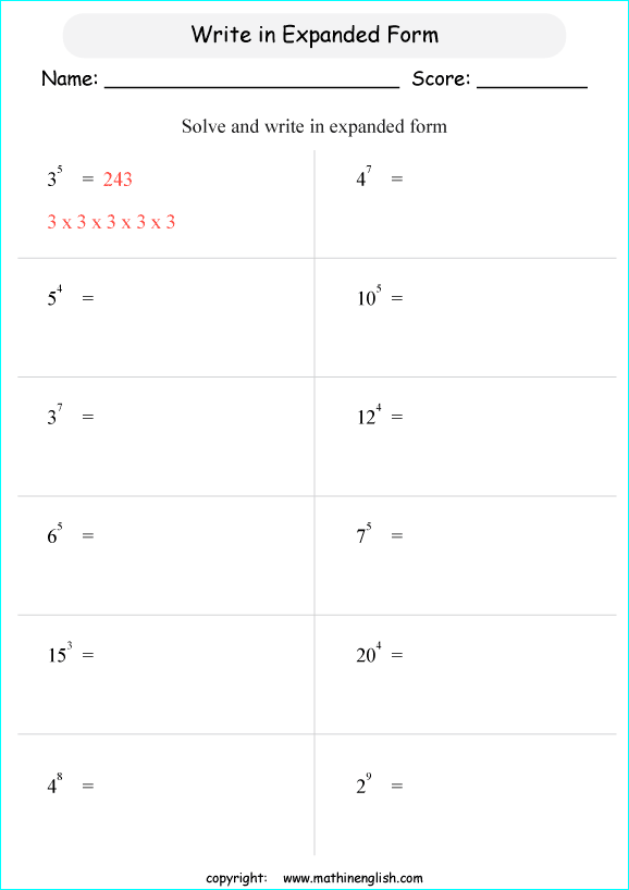 basic exponents math worksheets for grade 1 to 6 